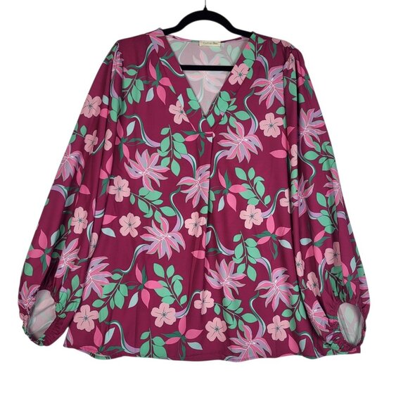 Cotton Bleu Tops - Cotton Bleu Top Blouse Women's XL Pink Floral Boho Balloon Sleeves Silky Peasant